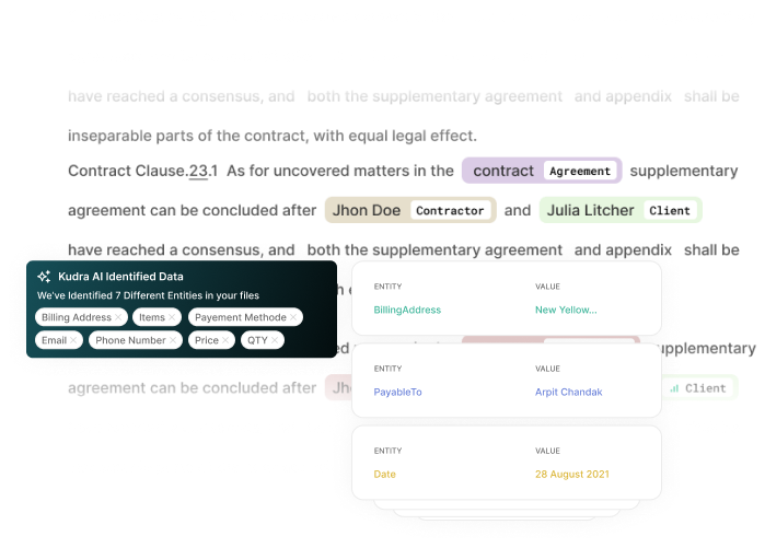 Kudra AI identifying 7 different entities (Billing Address, Items, Email) in a contract, showcasing AI-powered data entry and extraction benefits.