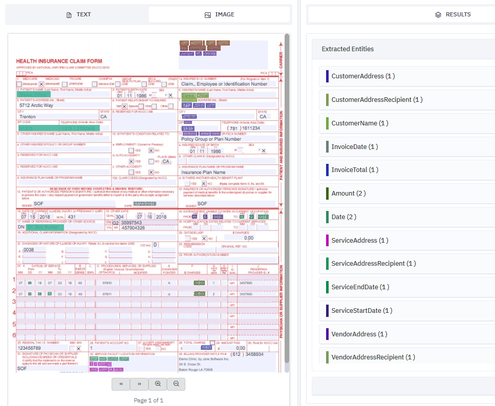 Kudra AI extracting entities (CustomerAddress, InvoiceTotal, Date) from a Health Insurance Claim Form for automated claims approval.