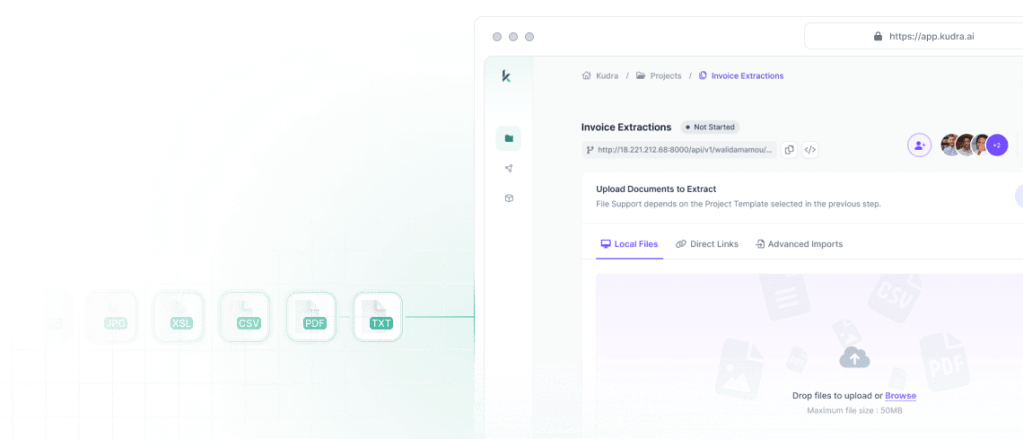 Kudra's file upload interface for data input automation, showing supported types like PNG, JPG, XLS, CSV, PDF, TXT, and options for local or direct links.