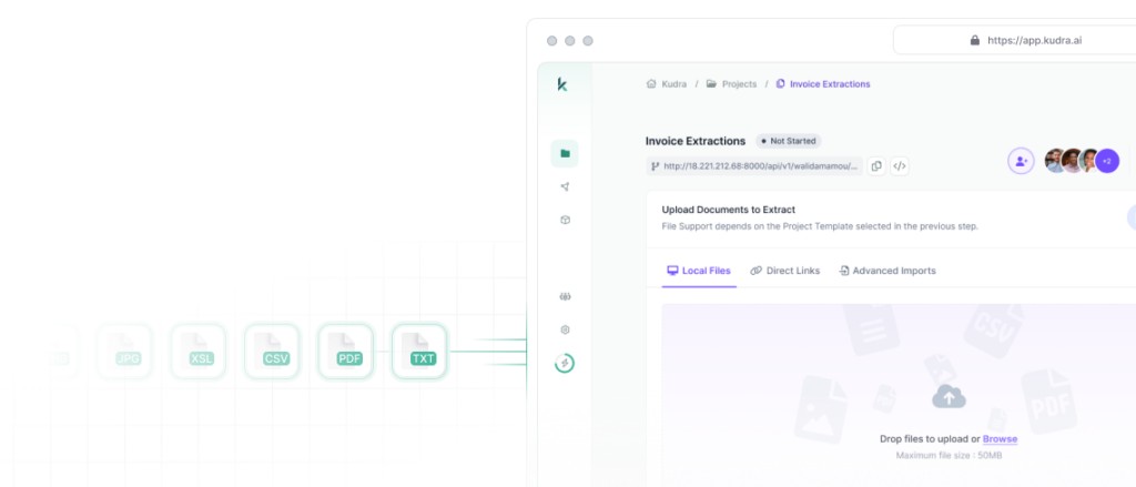 Kudra's document upload interface supporting PNG, JPG, XLS, CSV, PDF, TXT files for flexible financial statement data extraction and AI analysis.