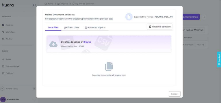Kudra's invoice scanning software interface: 'Upload Documents to Extract' with options for local files, direct links, and advanced imports.