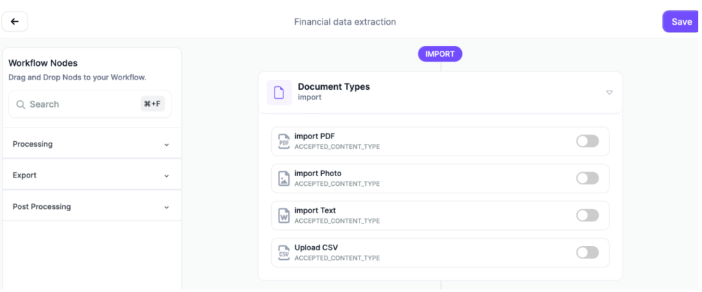 Kudra workflow for financial data extraction, highlighting 'Document Types' import options: PDF, Photo, Text, and CSV for versatile data input.