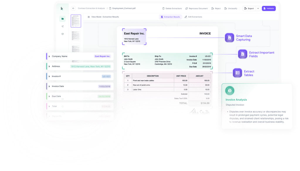 Kudra's AI interface extracting data from an 'East Repair Inc.' invoice, highlighting smart data capturing, important fields, and table extraction.