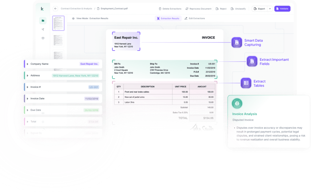 Kudra's AI interface extracting data from an 'East Repair Inc.' invoice, highlighting smart data capturing, important fields, and table extraction.