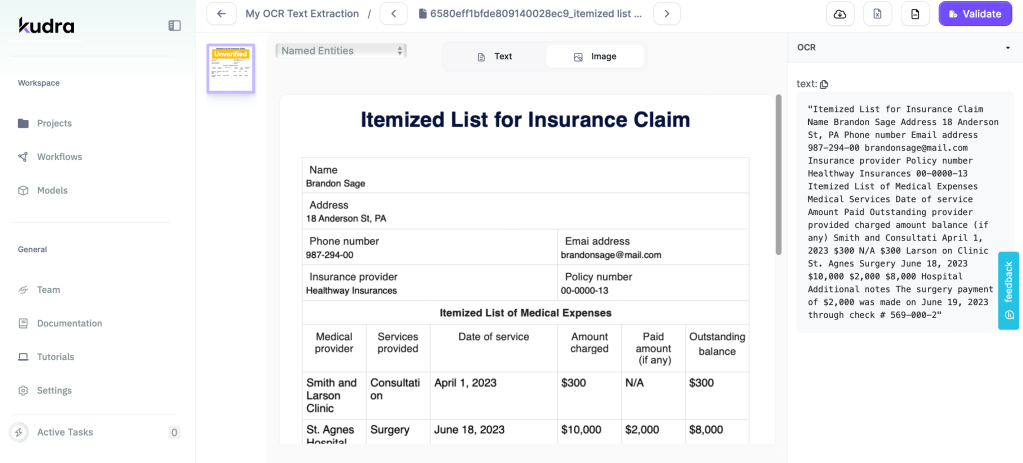 Kudra's AI claims processing interface showing OCR text extraction from an 'Itemized List for Insurance Claim' for Brandon Sage.