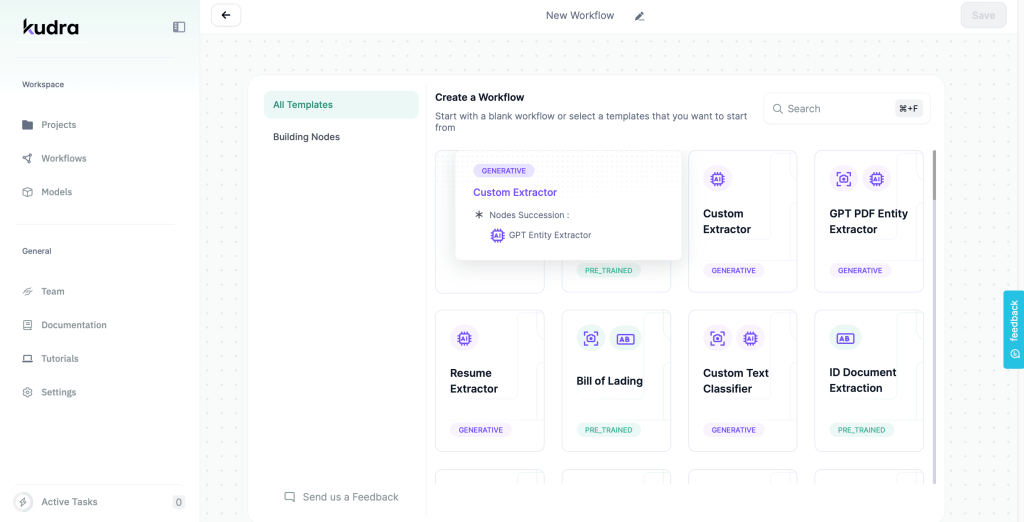 Kudra's 'Create a Workflow' interface for claims process automation, showing templates like 'Custom Extractor' and 'GPT PDF Entity Extractor'.