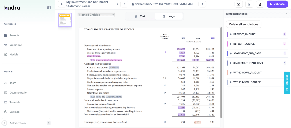 Kudra AI extracting data from a 'Consolidated Statement of Income,' highlighting entities like DEPOSIT_AMOUNT and STATEMENT_START_DATE with OCR.