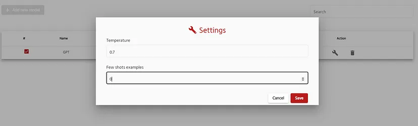 Few shot labeling configuration window.