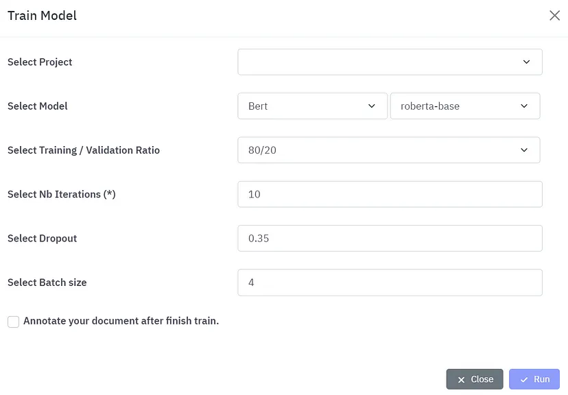 Kudra training configuration window.