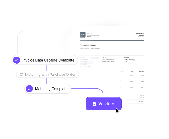 Kudra's automated financial spreading workflow: 'Invoice Data Capture Complete,' 'Matching with Purchase Order,' 'Matching Complete,' leading to 'Validate'.