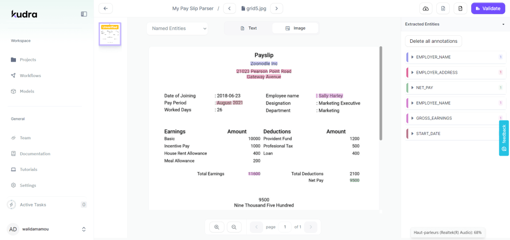 Kudra's AI automated data entry software extracting entities like EMPLOYER_NAME and NET_PAY from a 'Zoonodle Inc' payslip for Sally Harley.