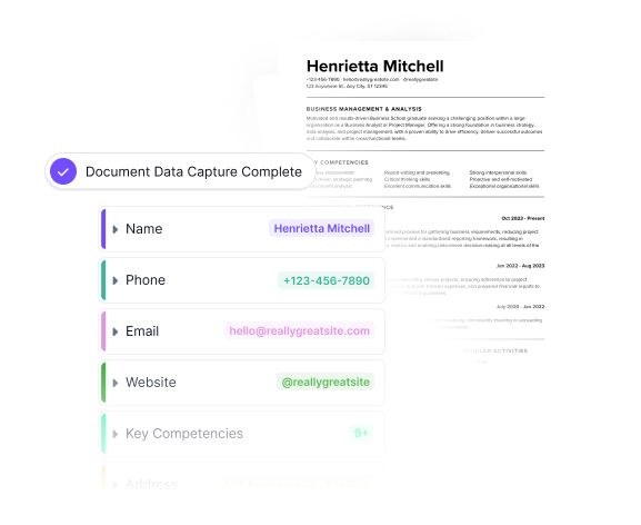 Revolutionize your hiring process. Extract key candidate information, skills, certificates, experience, emails, etc. with up to 99% accuracy. Make data-driven decisions faster, reducing time-to-hire​