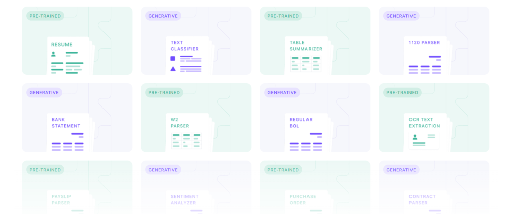 Kudra's AI platform showing various pre-trained and generative extraction templates like Resume, Bank Statement, and W2 Parser for diverse document processing.