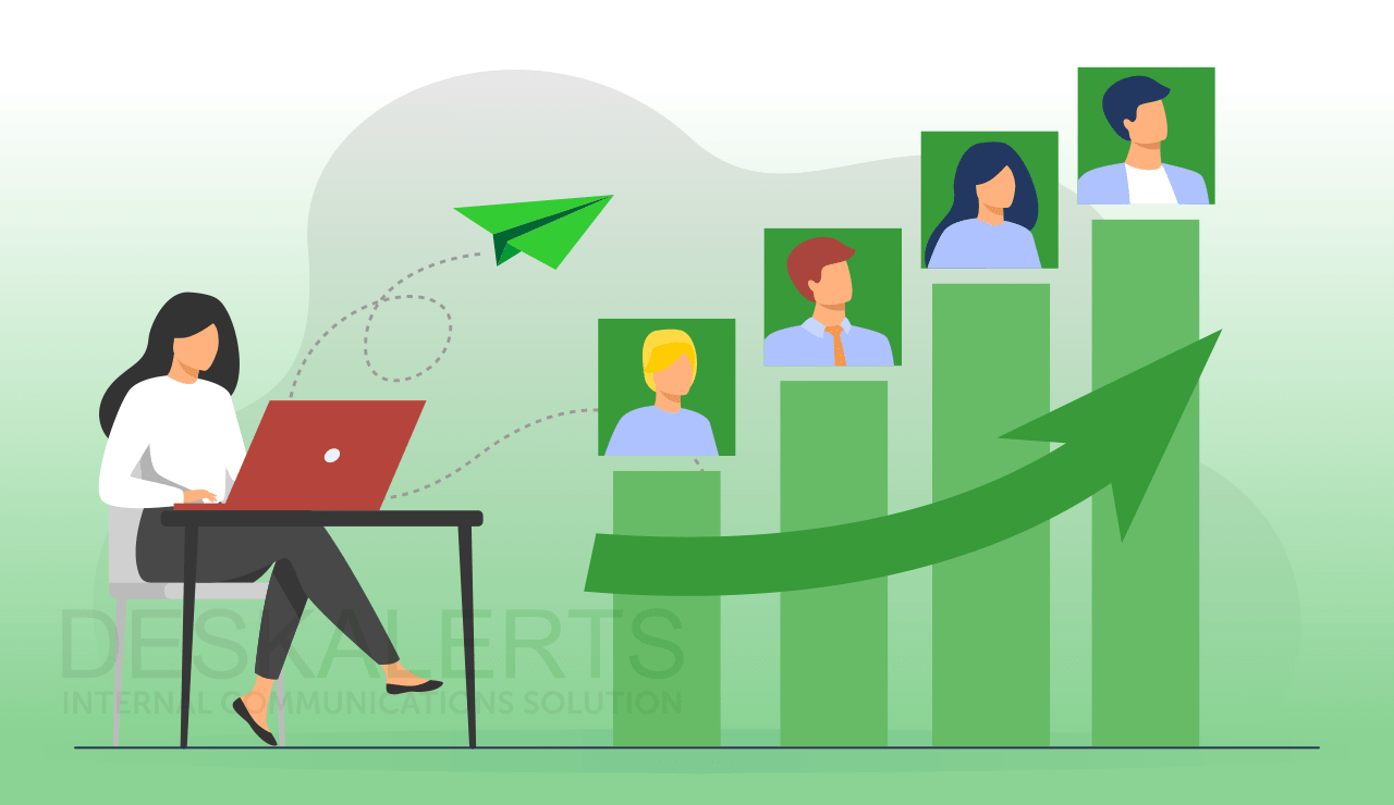 Illustration showing AI for employee performance: a woman on a laptop with a chart indicating growth and improved communication in performance reviews.