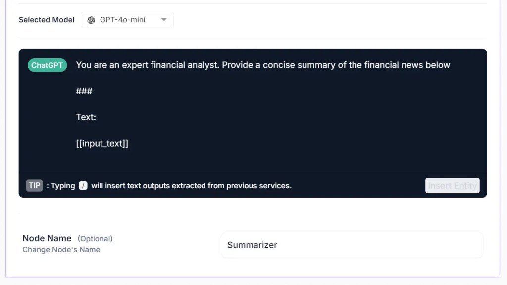 Kudra's AI document processing using a ChatGPT node with a prompt for an expert financial analyst to summarize financial news, named 'Summarizer'.