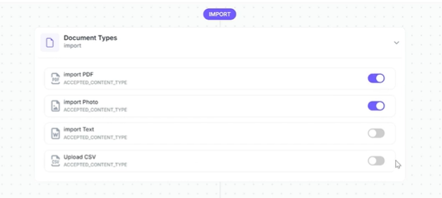 Kudra workflow import options for document automation: PDF, Photo, Text, and CSV file types can be easily toggled for input into workflows.