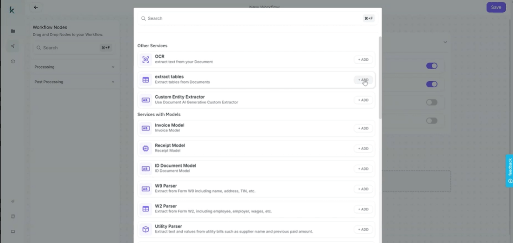 Kudra workflow builder showing 'Other Services' like OCR, Extract tables, and 'Services with Models' like Invoice Model for data input automation.