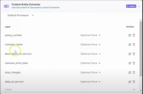 Kudra's 'Custom Entity Extractor' defining labels such as policy_number, claimant_name, and description_of_service for healthcare claims automation.
