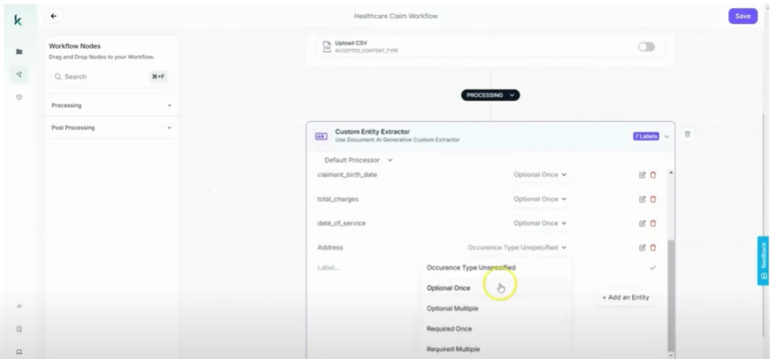 Kudra's Custom Entity Extractor for healthcare claims, highlighting the 'Occurrence Type Unspecified' dropdown with options like 'Optional Once' and 'Required Multiple'.
