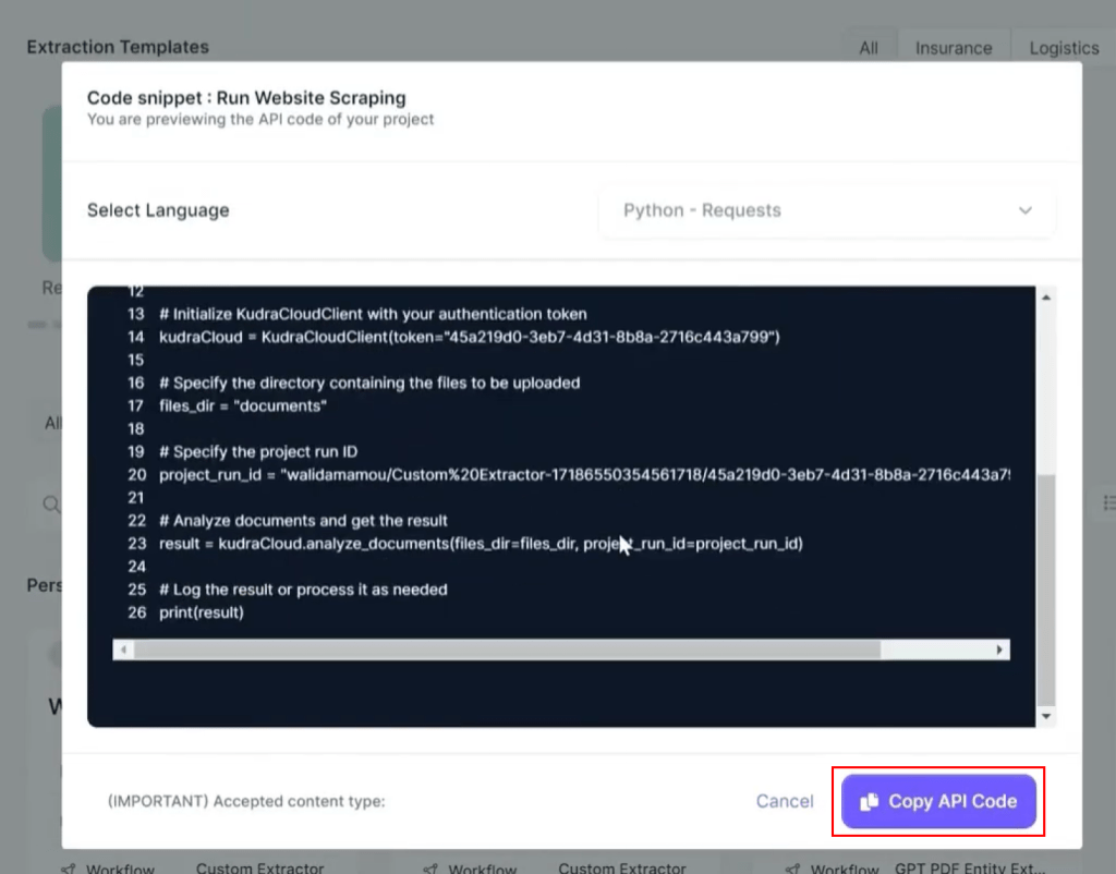website scraping - Generating and Copying the API Code