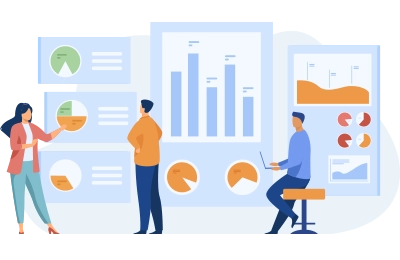 Team of professionals analyzing various charts and graphs, symbolizing data analysis in automated claims management and insurance processing.