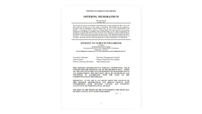 Sample Offering Memorandum document for 'Infinity Futures Fund Limited,' showcasing a typical complex real estate investment document Kudra processes.