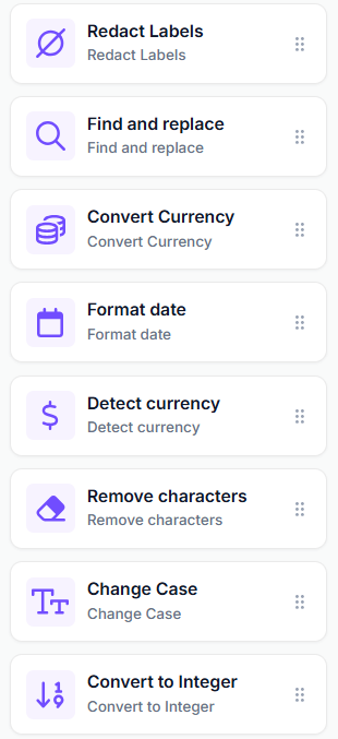 Kudra workflow post-processing options: Redact Labels, Find and replace, Convert Currency, Format date, Detect currency, Remove characters, Change Case.