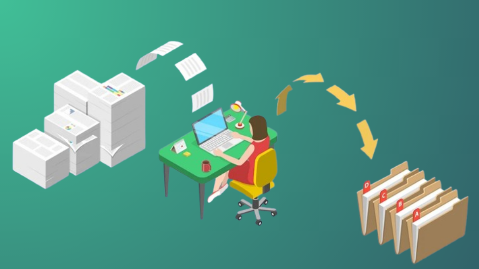Illustration showing the future of data entry: papers automatically flying from a stack, processed by a person on a laptop, into organized digital folders.