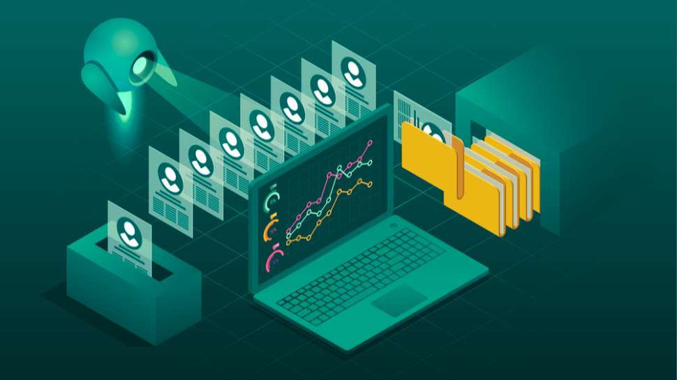 AI robot scanning and sorting resumes on a laptop, illustrating automated talent acquisition and AI resume screening for efficient hiring.