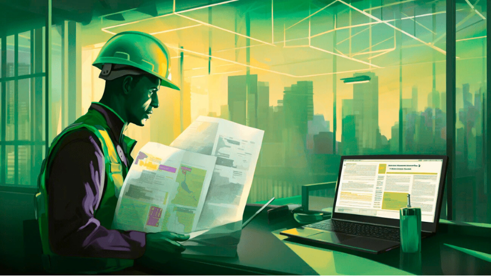 Engineer reviewing construction plans and using a laptop, symbolizing AI document processing for real estate or construction project management.